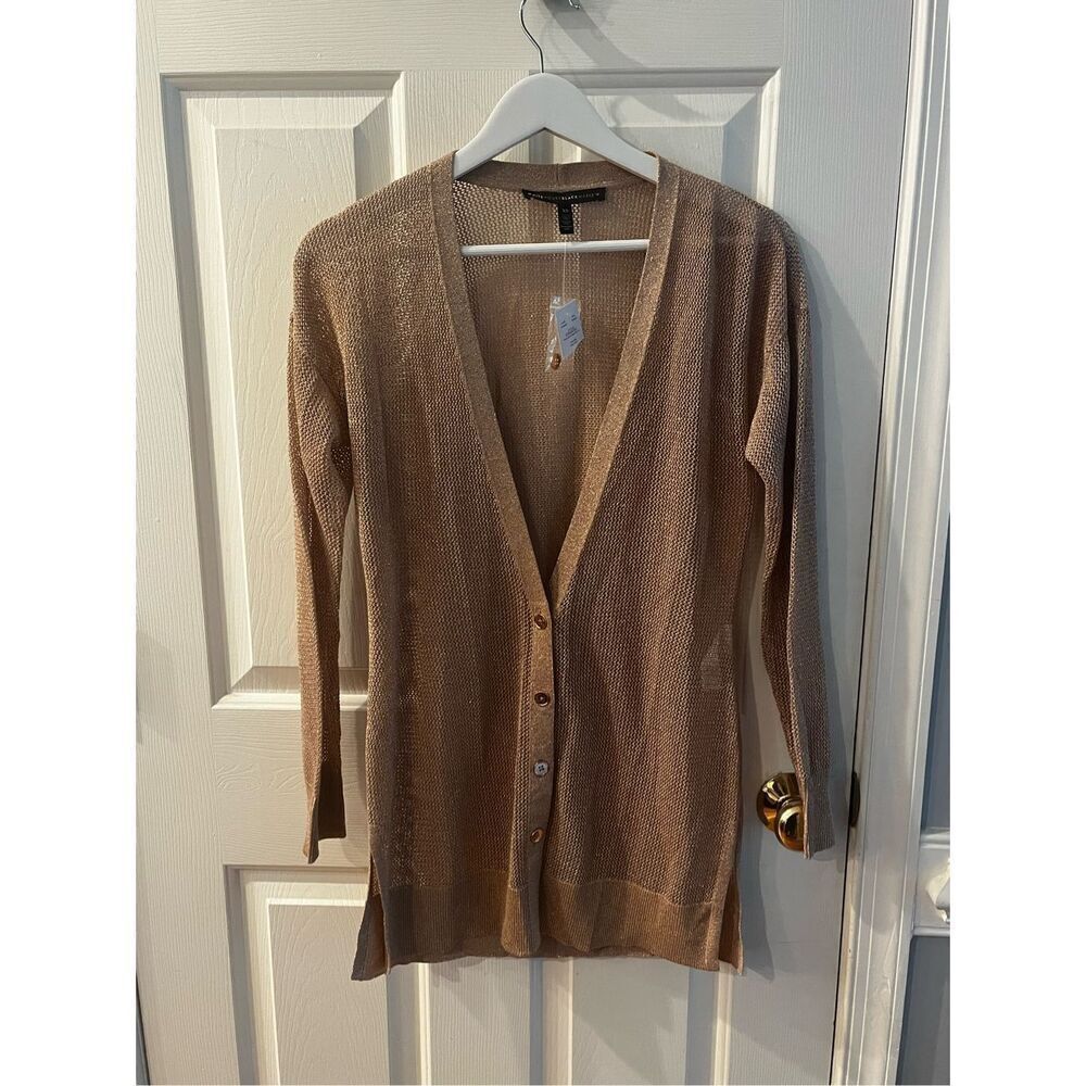 White House Black Market Gold Metallic Open Knit Holiday Formal Cardigan Sweater